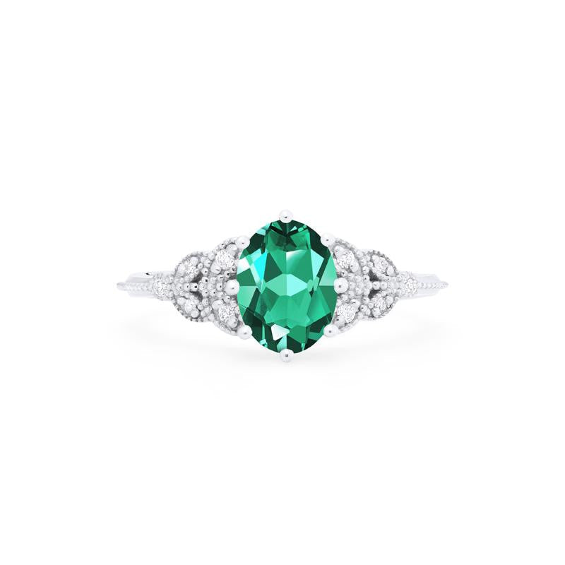 [Olivia] Classic Floral Oval Engagement Ring in Lab Emerald