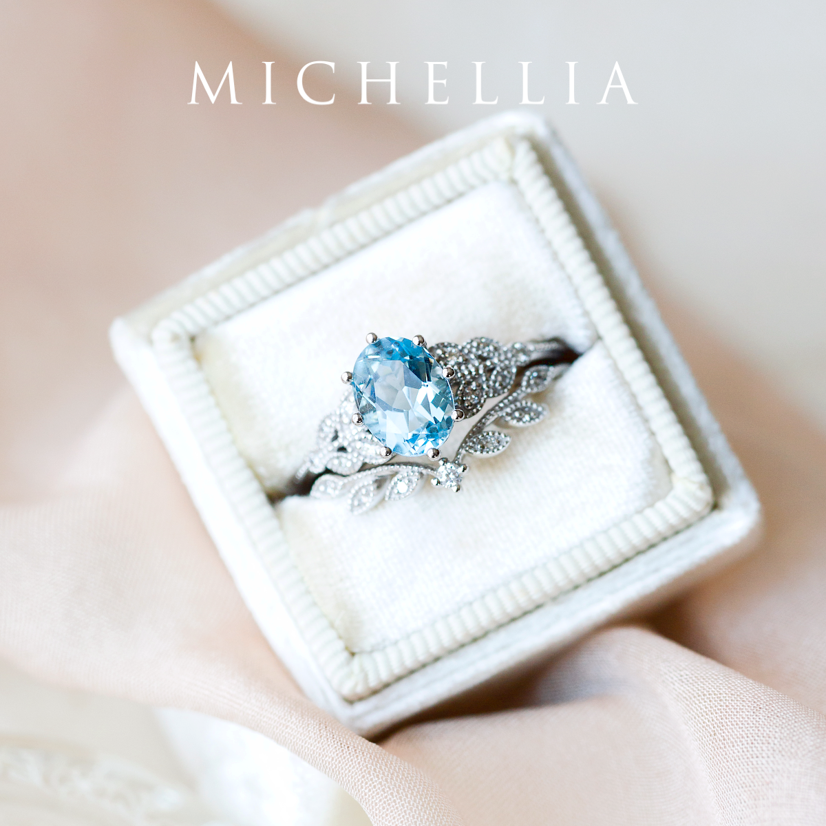 [Olivia] Classic Floral Oval Cut Ring in Aquamarine