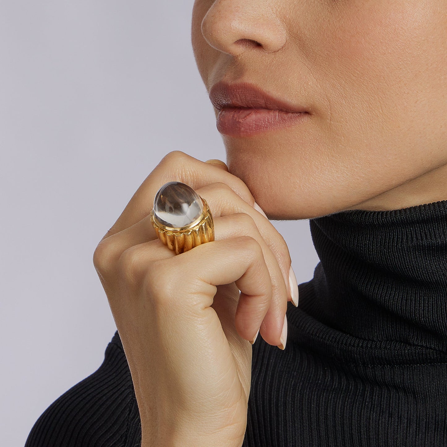 David Webb Rock Crystal and Hammered Gold Bombé Ring