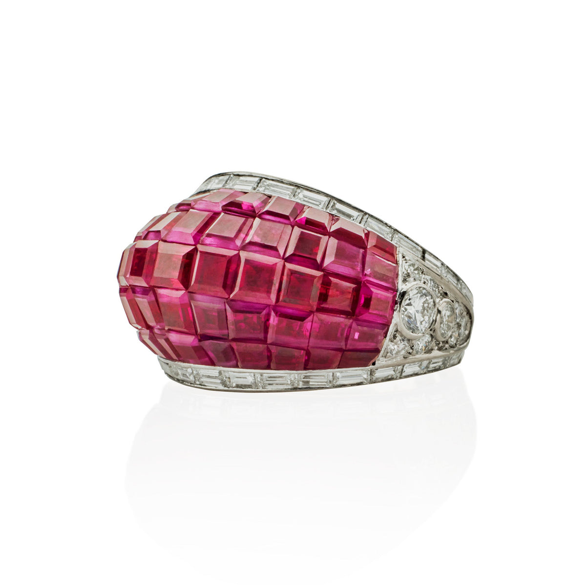 French Invisibly-Set Ruby and Diamond Bombé Ring