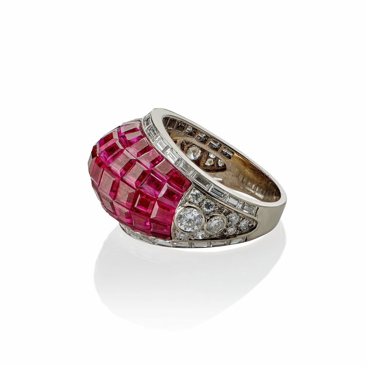 French Invisibly-Set Ruby and Diamond Bombé Ring