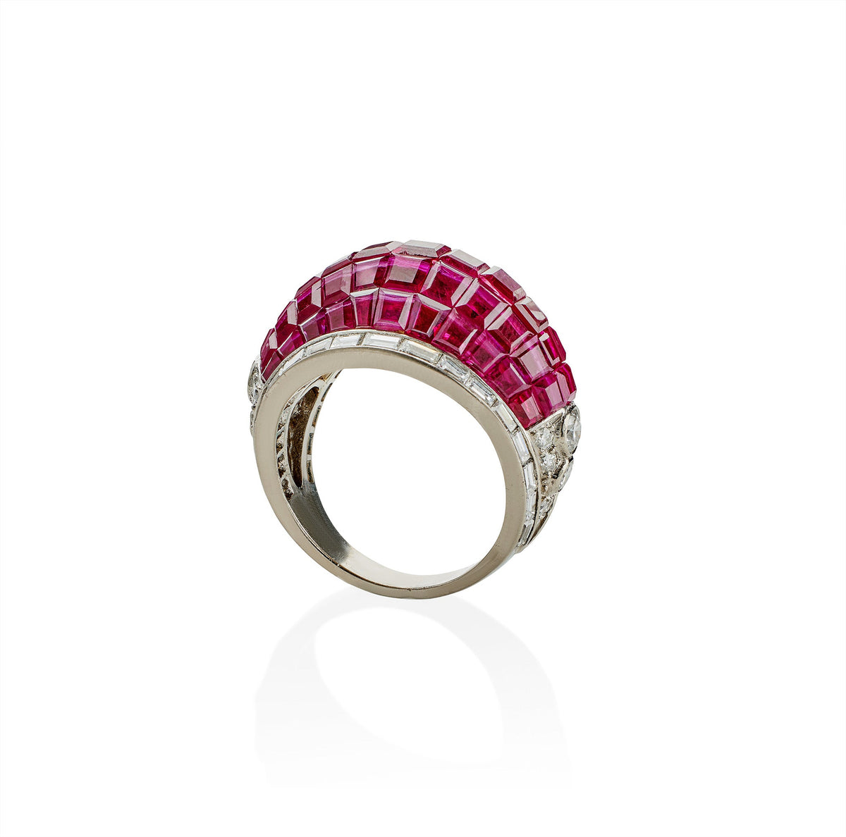 French Invisibly-Set Ruby and Diamond Bombé Ring