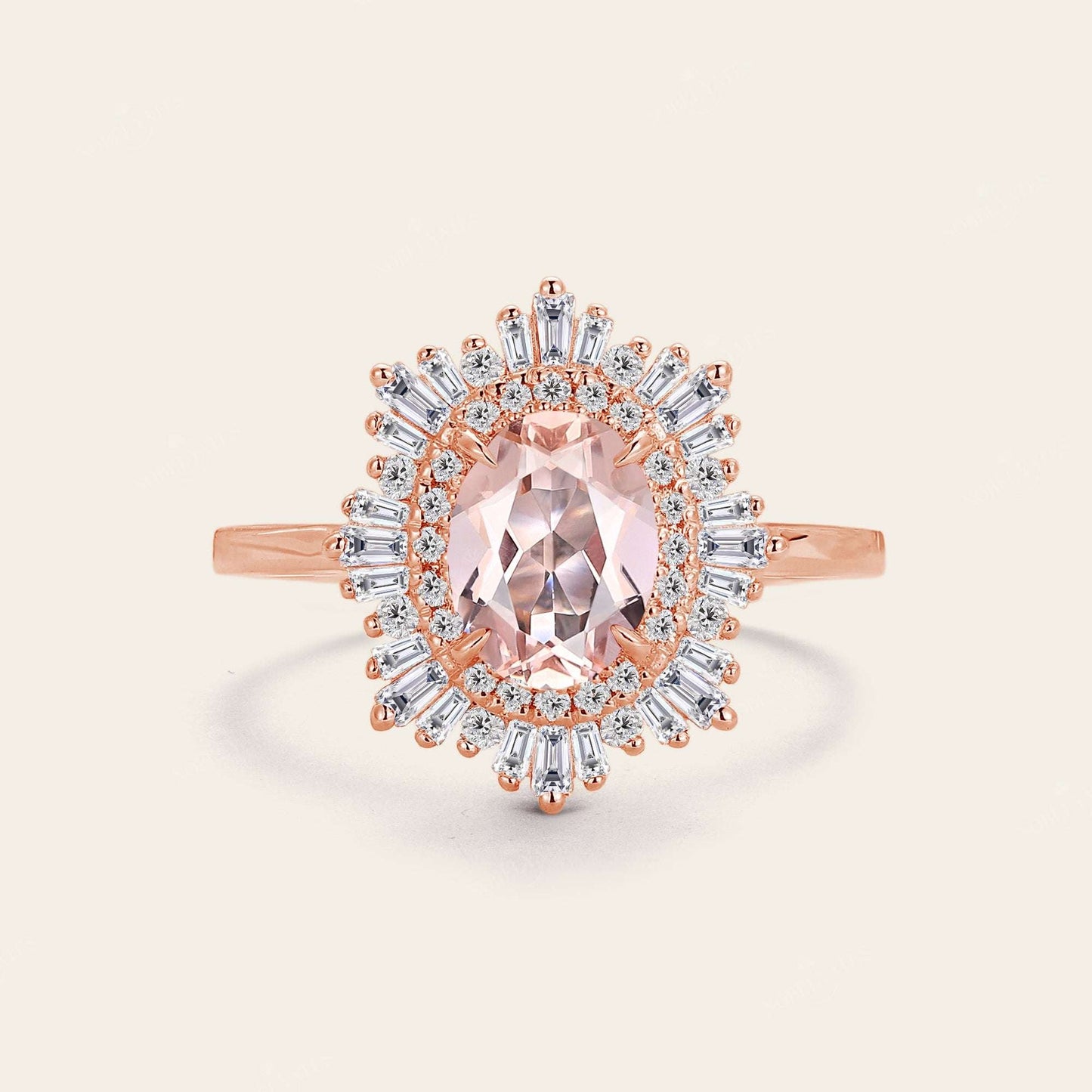 Art deco Oval Pink Morganite Starburst Engagement Ring