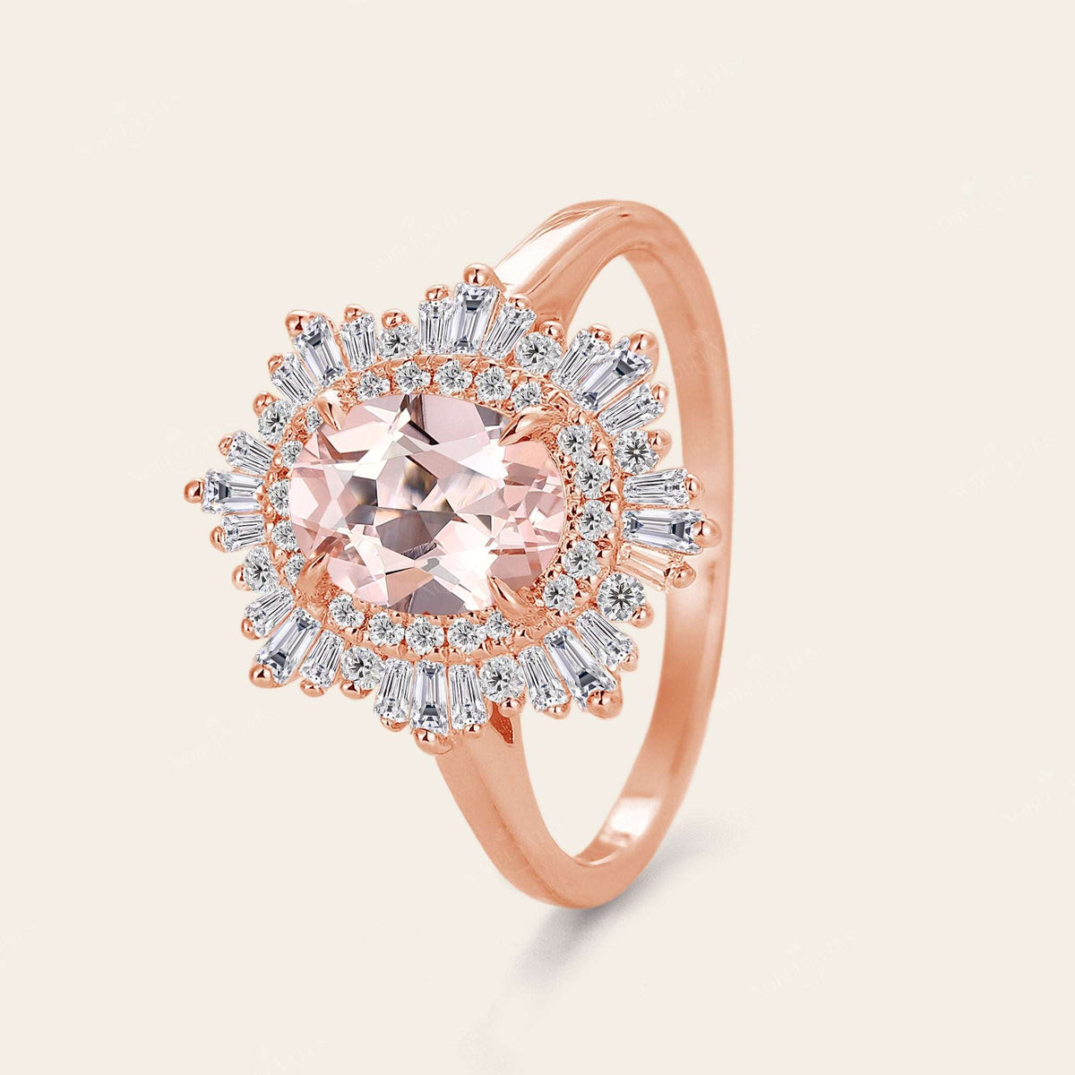 Art deco Oval Pink Morganite Starburst Engagement Ring