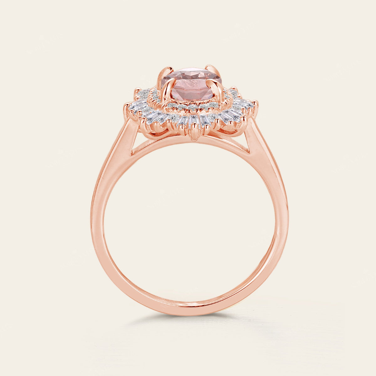 Art deco Oval Pink Morganite Starburst Engagement Ring