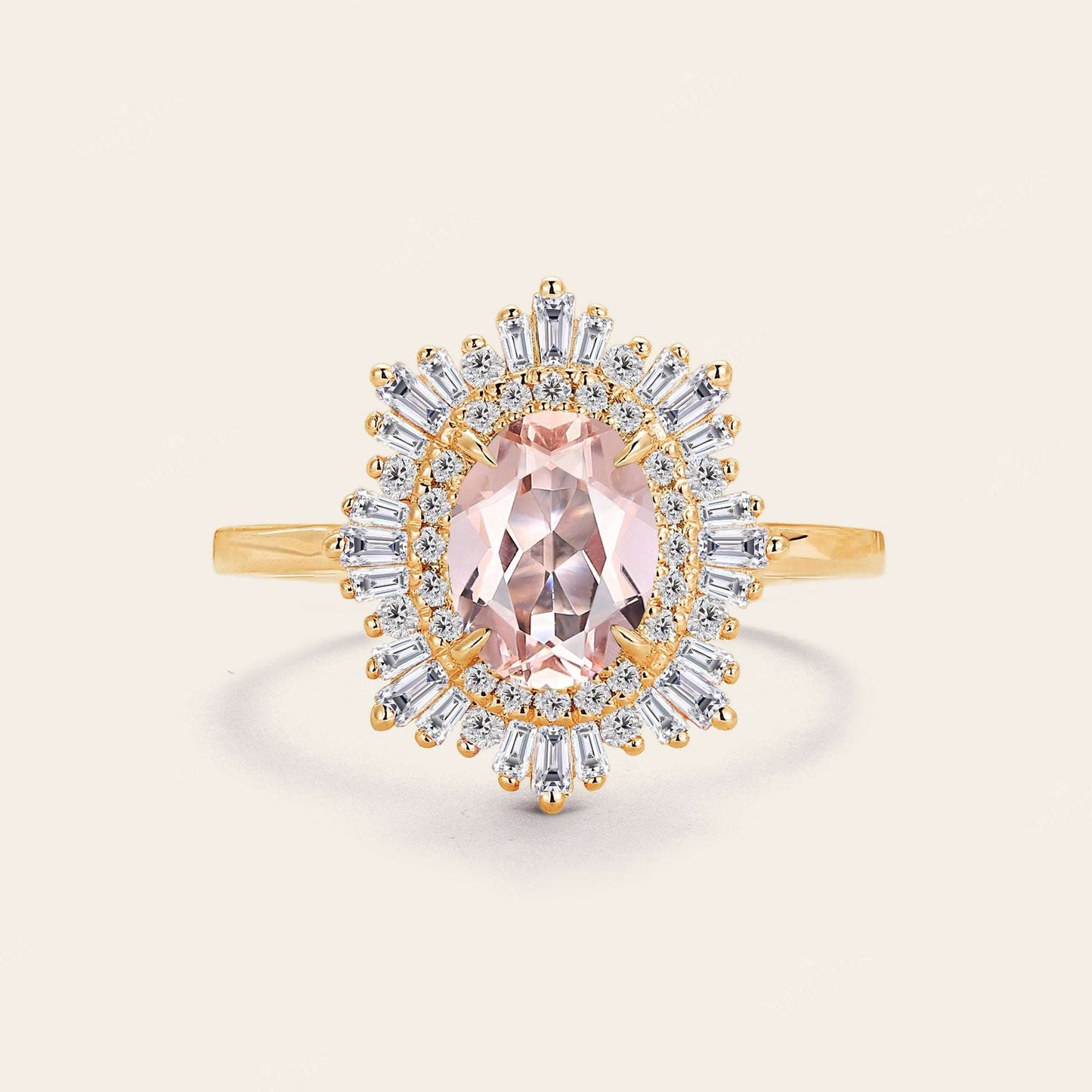 Art deco Oval Pink Morganite Starburst Engagement Ring
