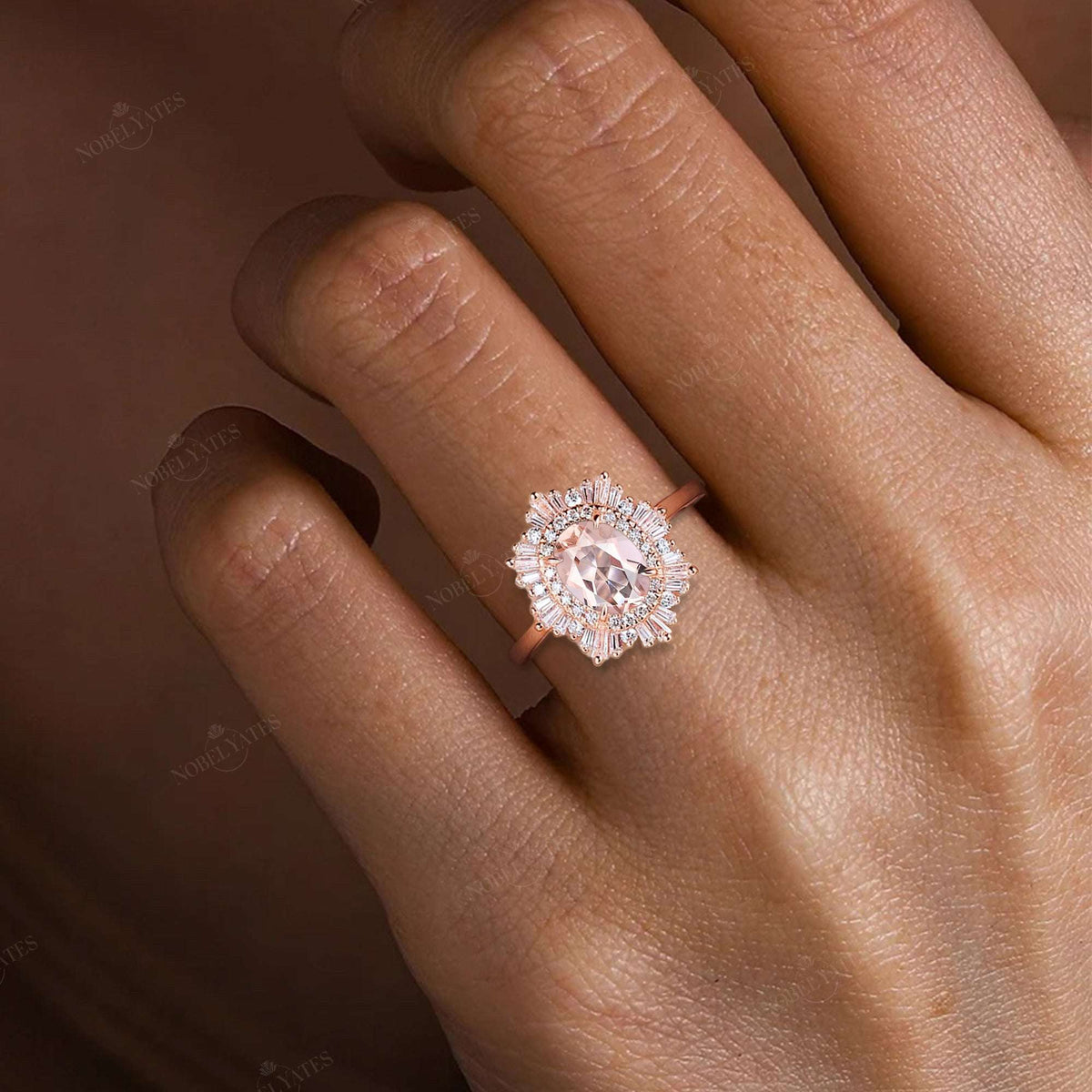Art deco Oval Pink Morganite Starburst Engagement Ring