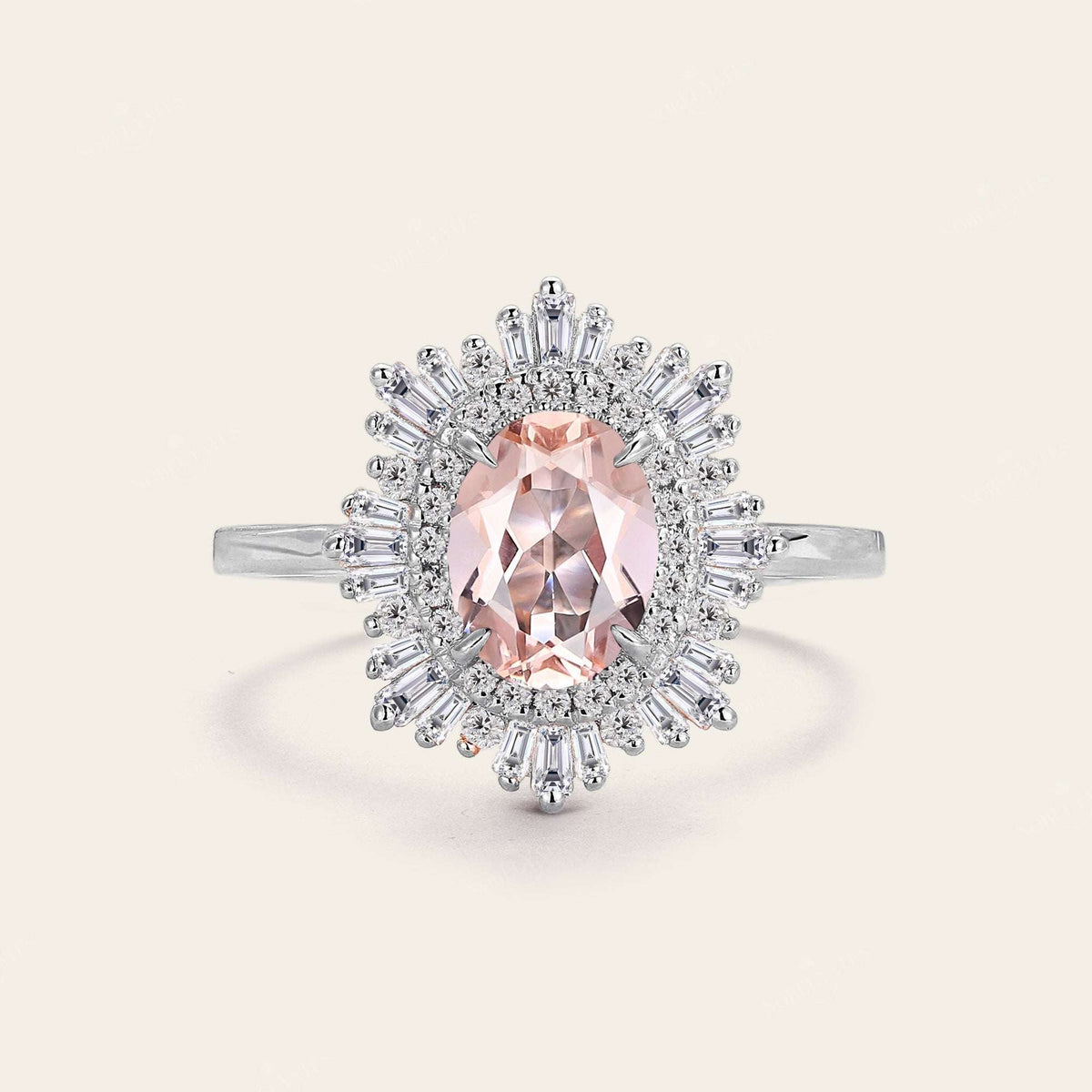Art deco Oval Pink Morganite Starburst Engagement Ring