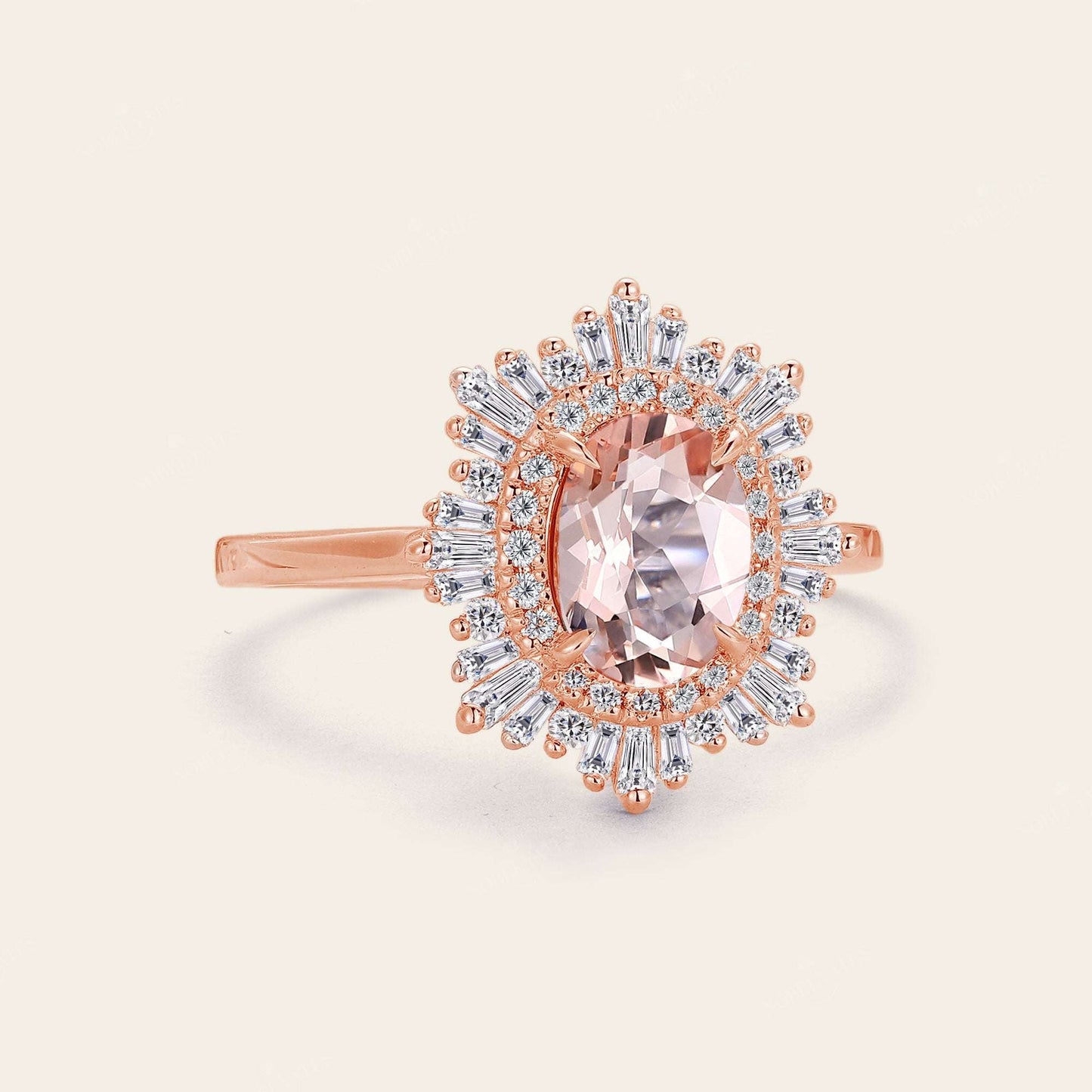 Art deco Oval Pink Morganite Starburst Engagement Ring