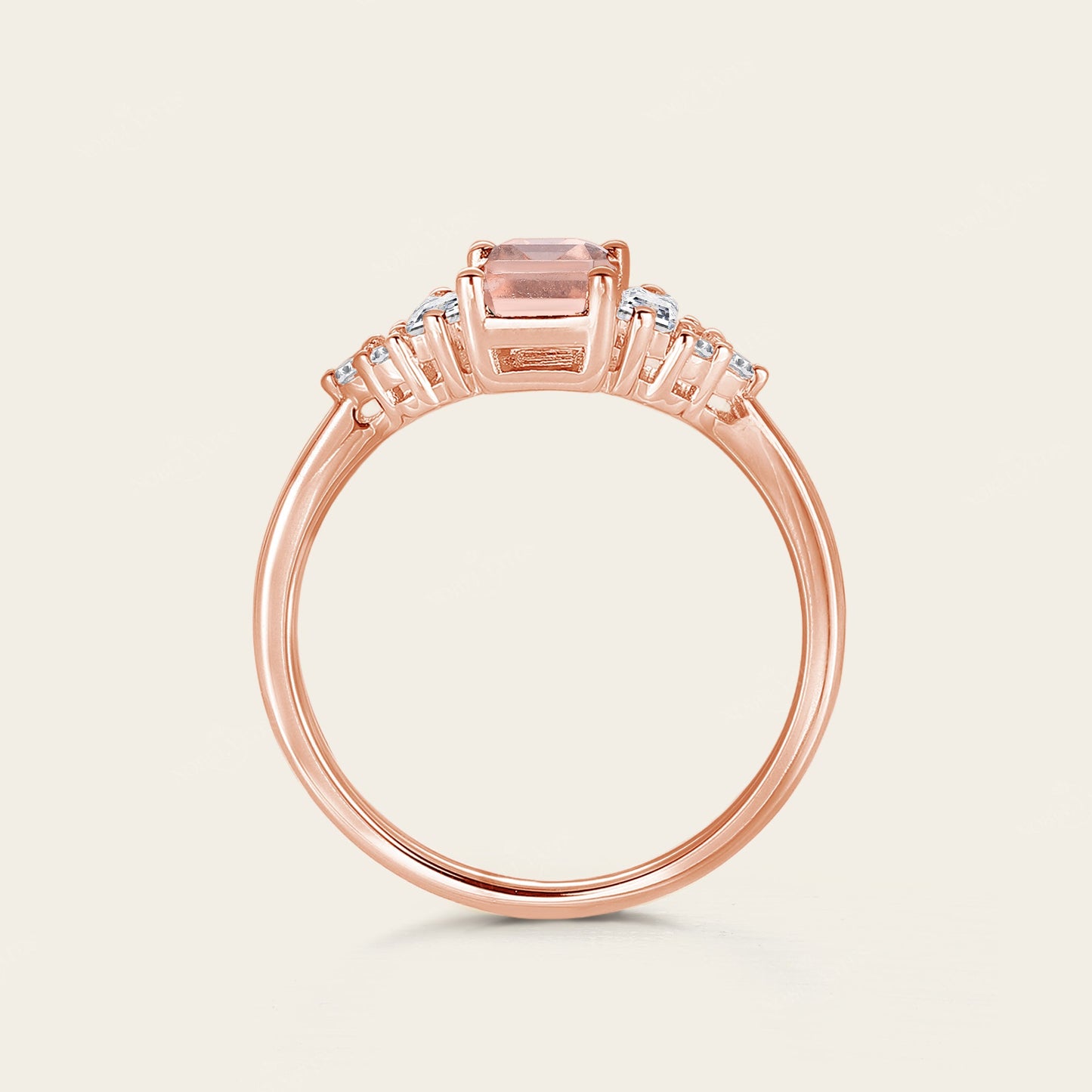Emerald cut Pink Morganite Cluster Diamond Engagement Ring