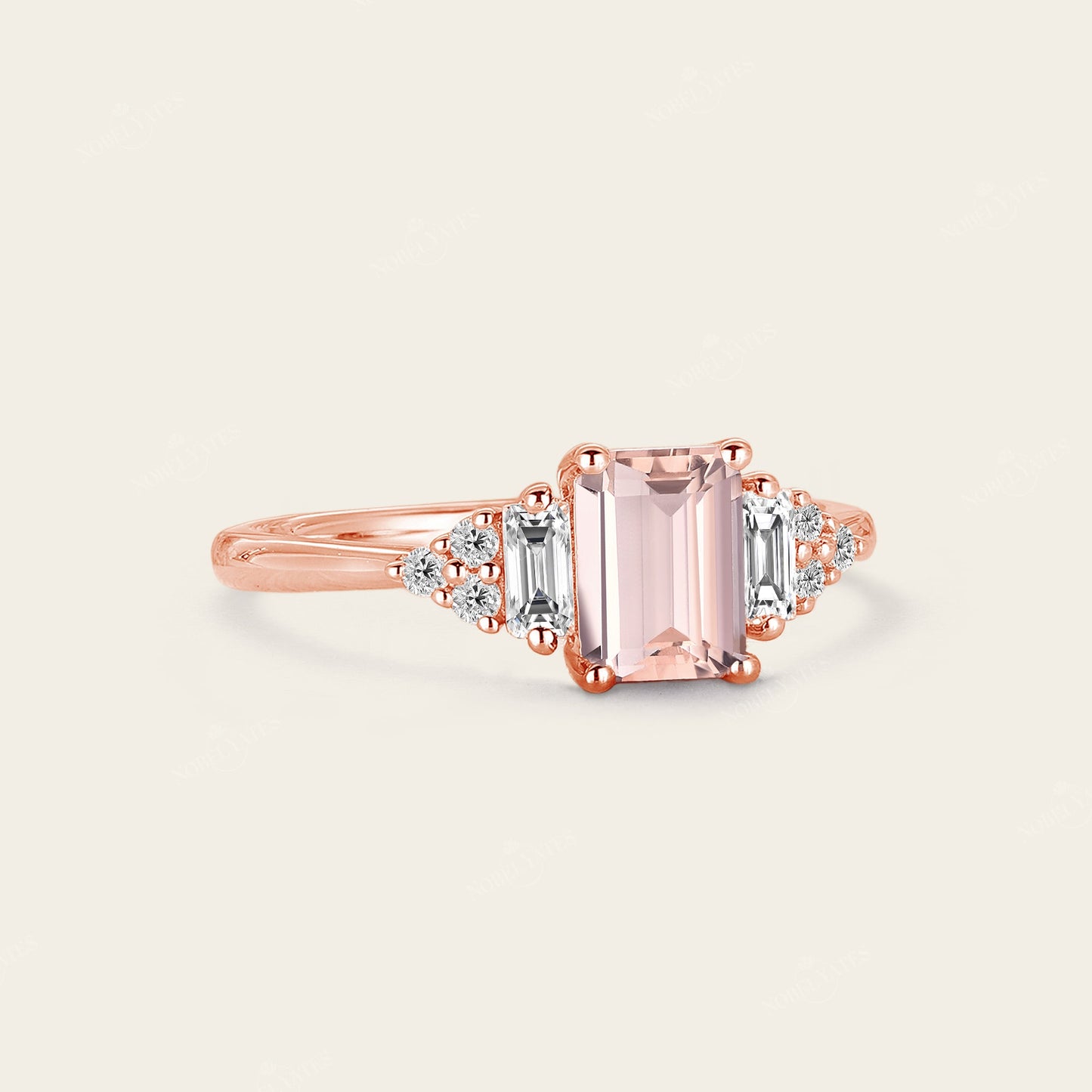 Emerald cut Pink Morganite Cluster Diamond Engagement Ring