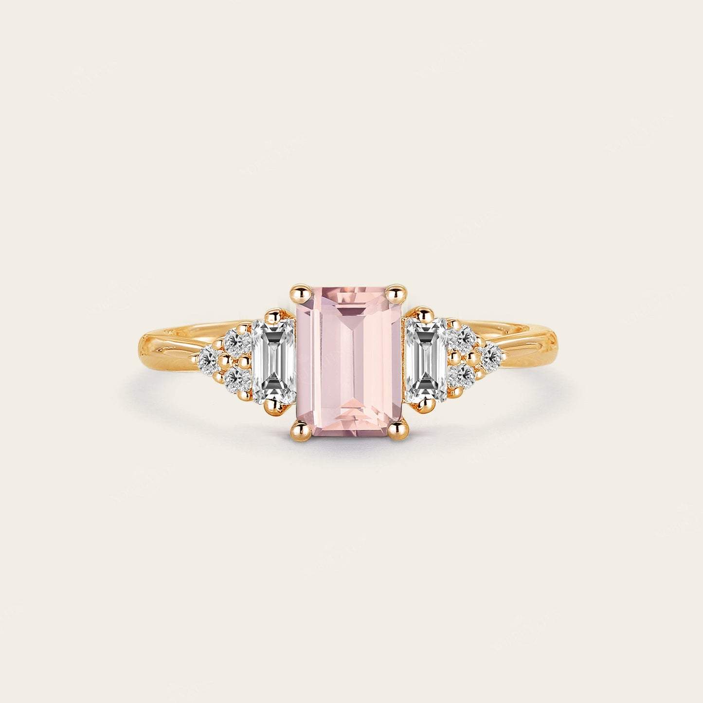 Emerald cut Pink Morganite Cluster Diamond Engagement Ring