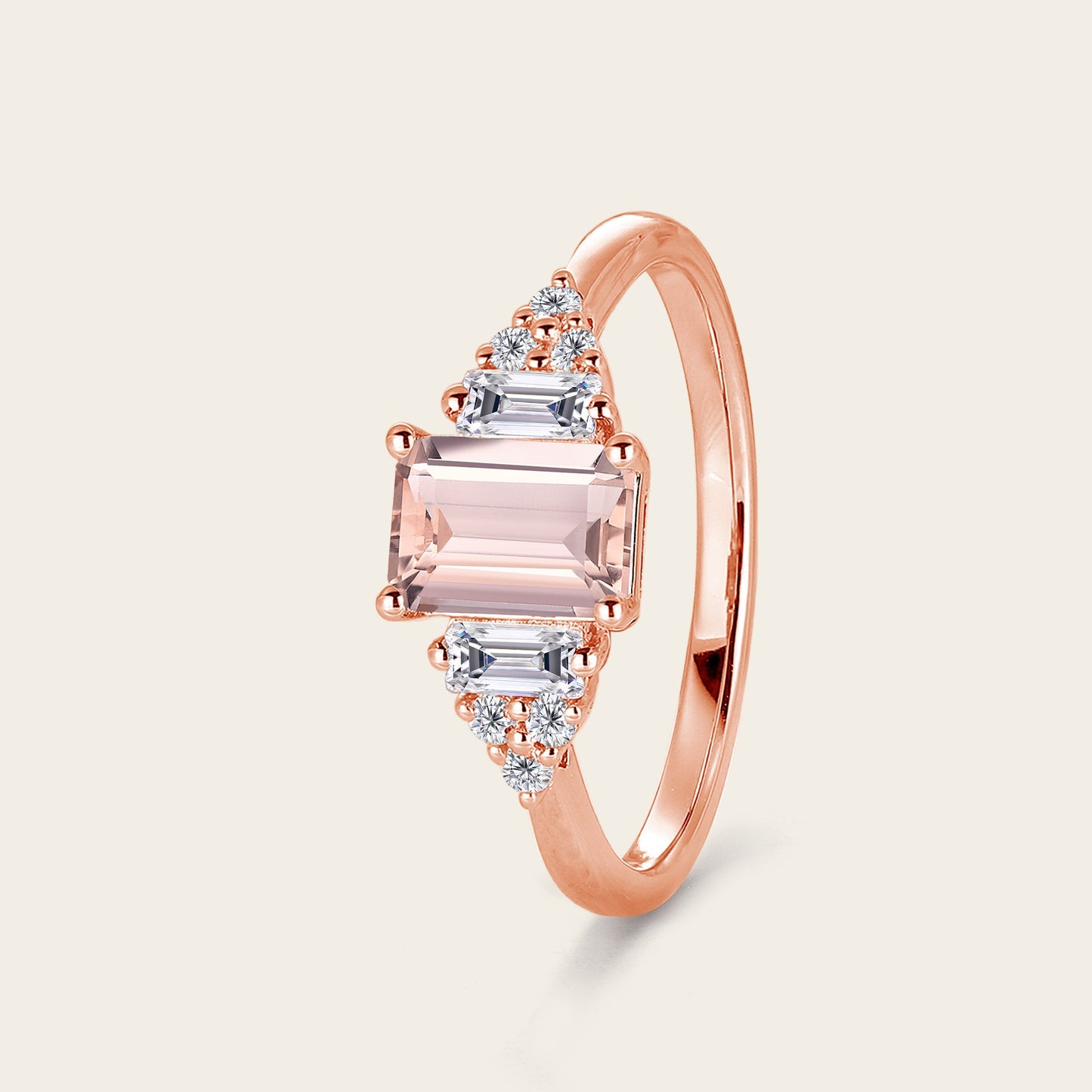 Emerald cut Pink Morganite Cluster Diamond Engagement Ring