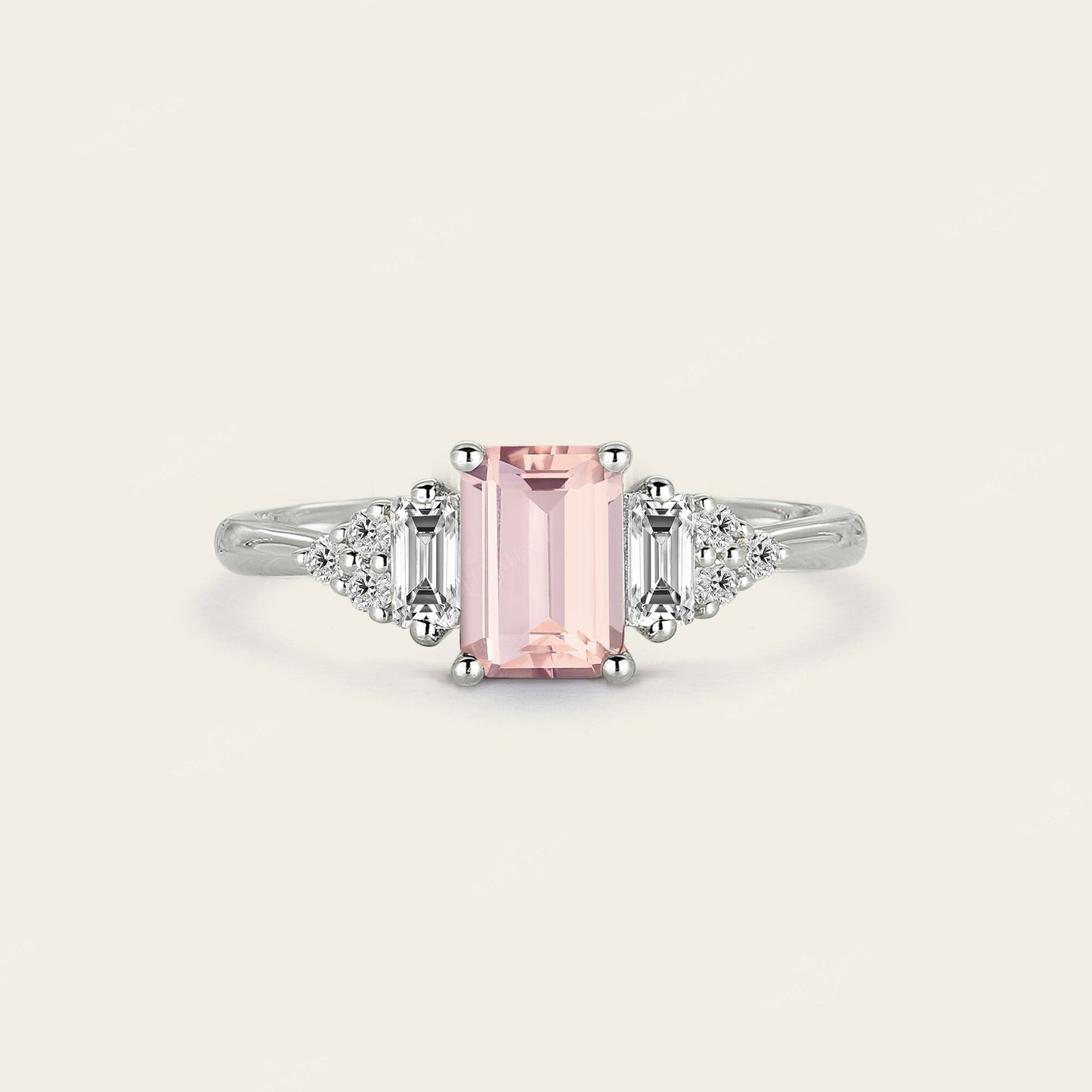 Emerald cut Pink Morganite Cluster Diamond Engagement Ring