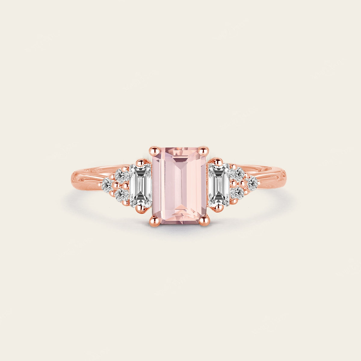 Emerald cut Pink Morganite Cluster Diamond Engagement Ring