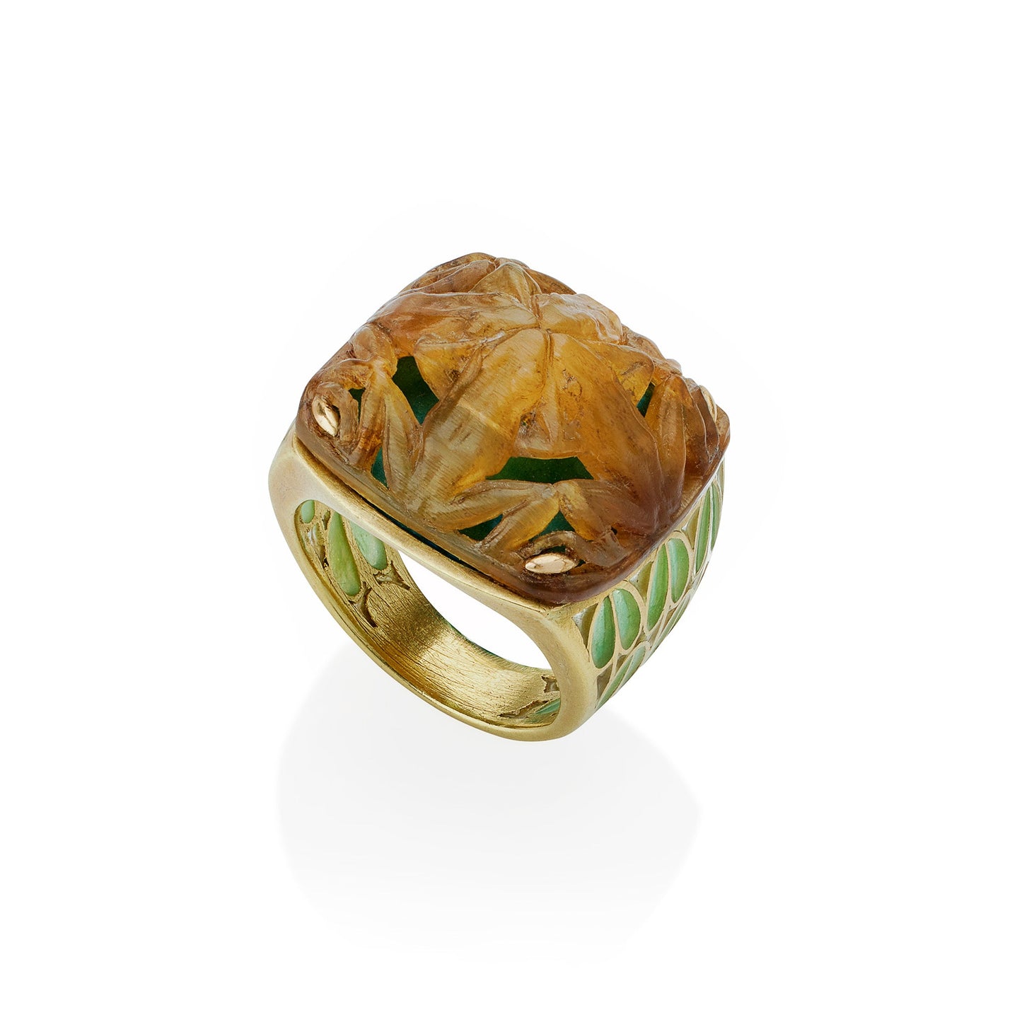 René Lalique Art Nouveau Carved Horn and Plique-à-jour Enamel  "Grenouilles" or Frogs Ring