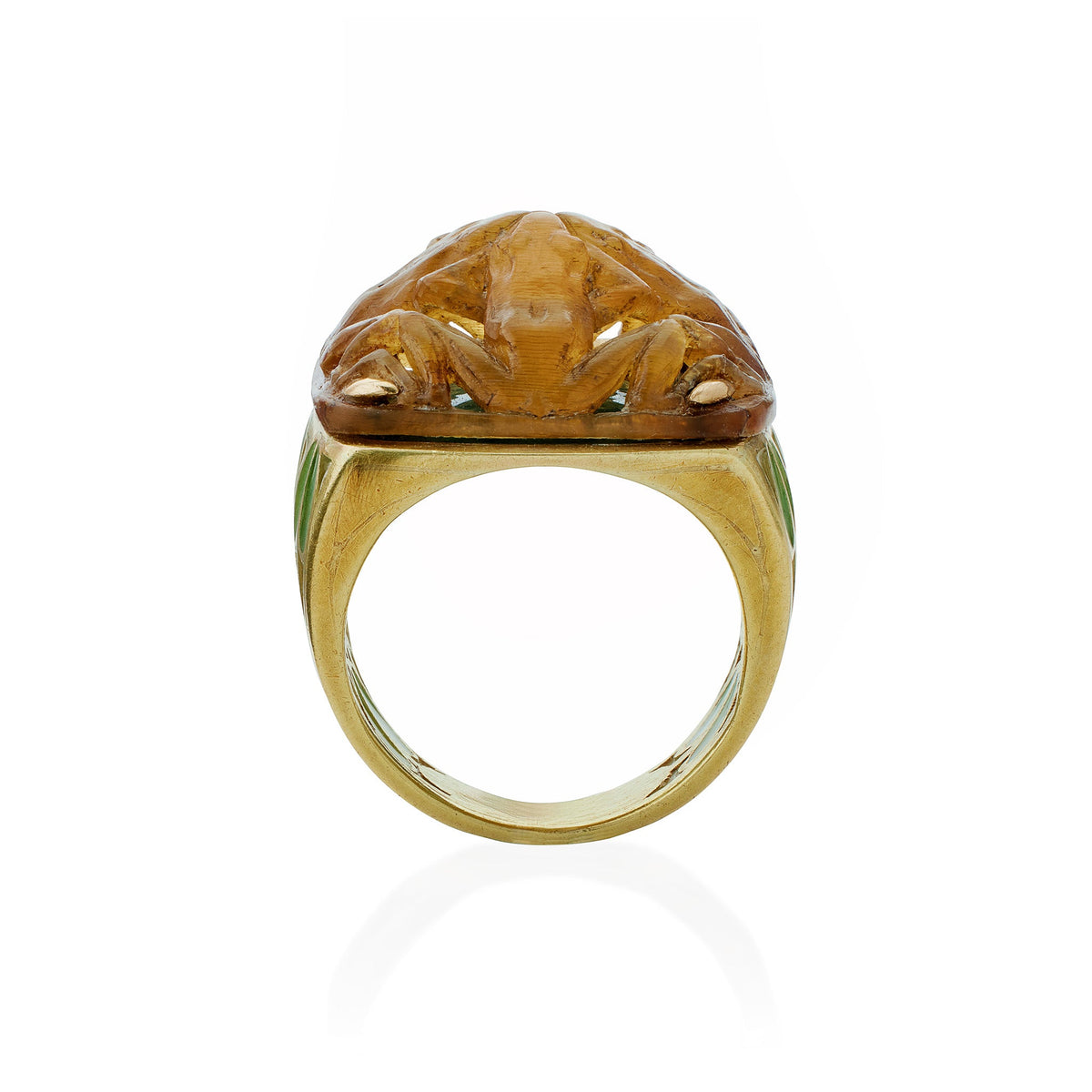 René Lalique Art Nouveau Carved Horn and Plique-à-jour Enamel  "Grenouilles" or Frogs Ring