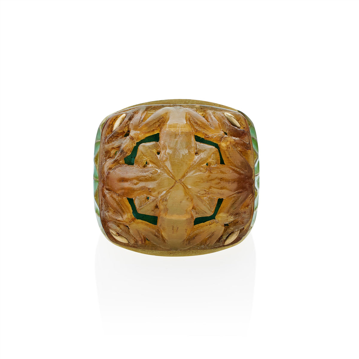 René Lalique Art Nouveau Carved Horn and Plique-à-jour Enamel  "Grenouilles" or Frogs Ring