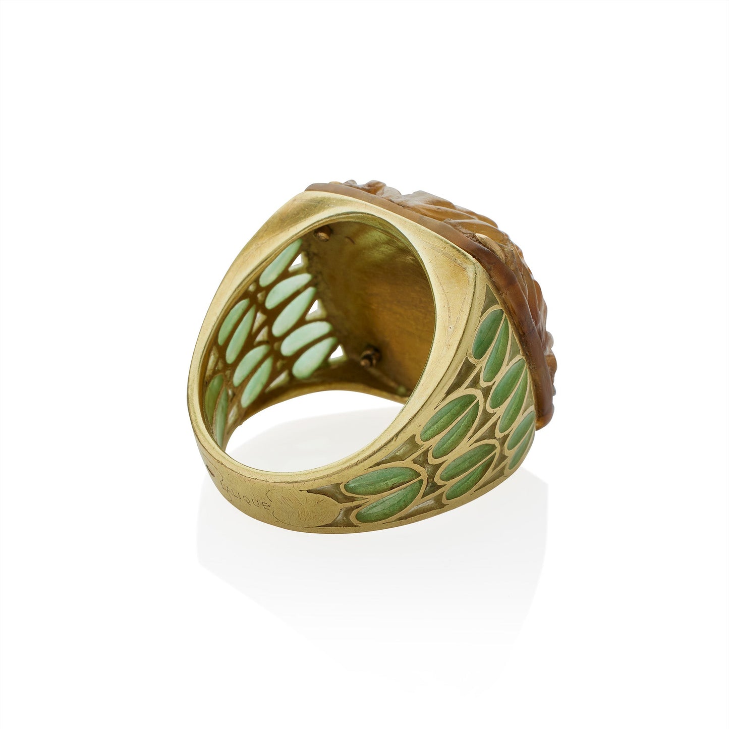 René Lalique Art Nouveau Carved Horn and Plique-à-jour Enamel  "Grenouilles" or Frogs Ring