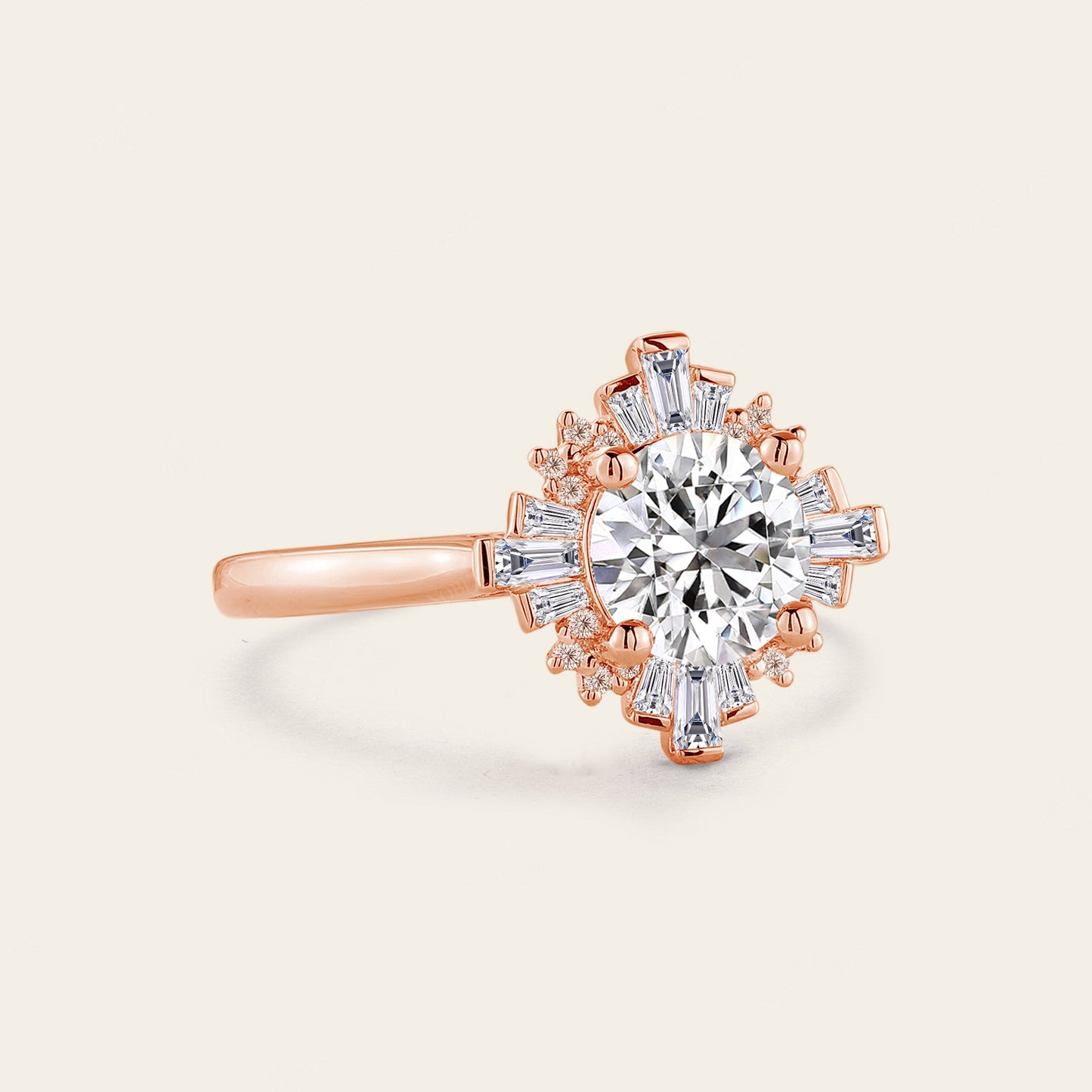 Art Deco Round Moissanite Cluster Engagement Ring Rose Gold