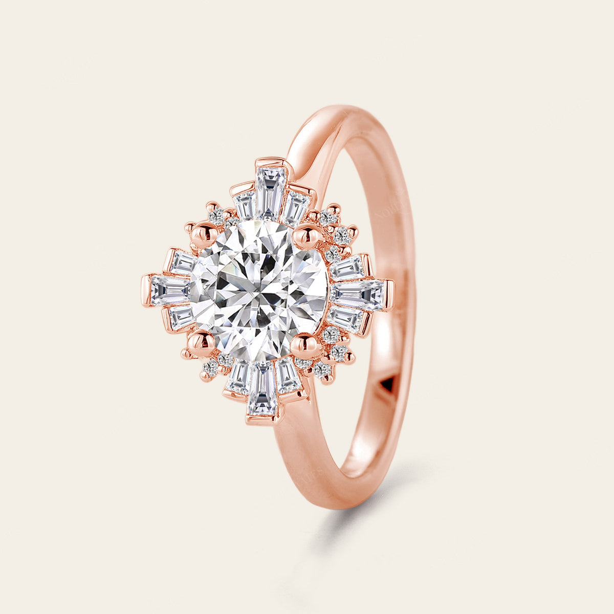 Art Deco Round Moissanite Cluster Engagement Ring Rose Gold