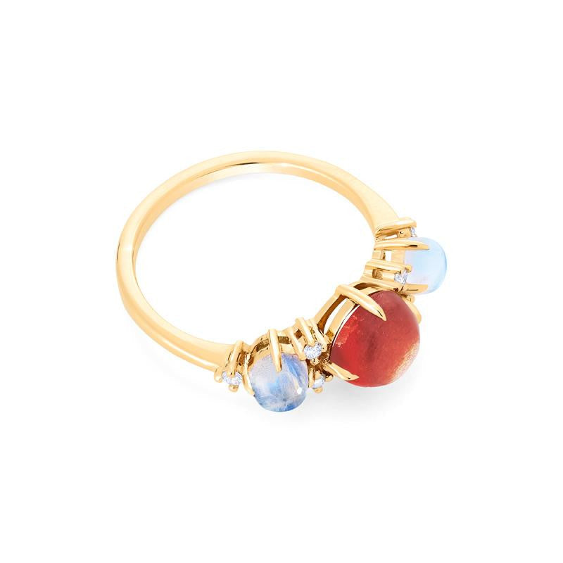 [Celestine] Interstellar Three Stone Ring in Sunstone, Moonstone, and Labradorite