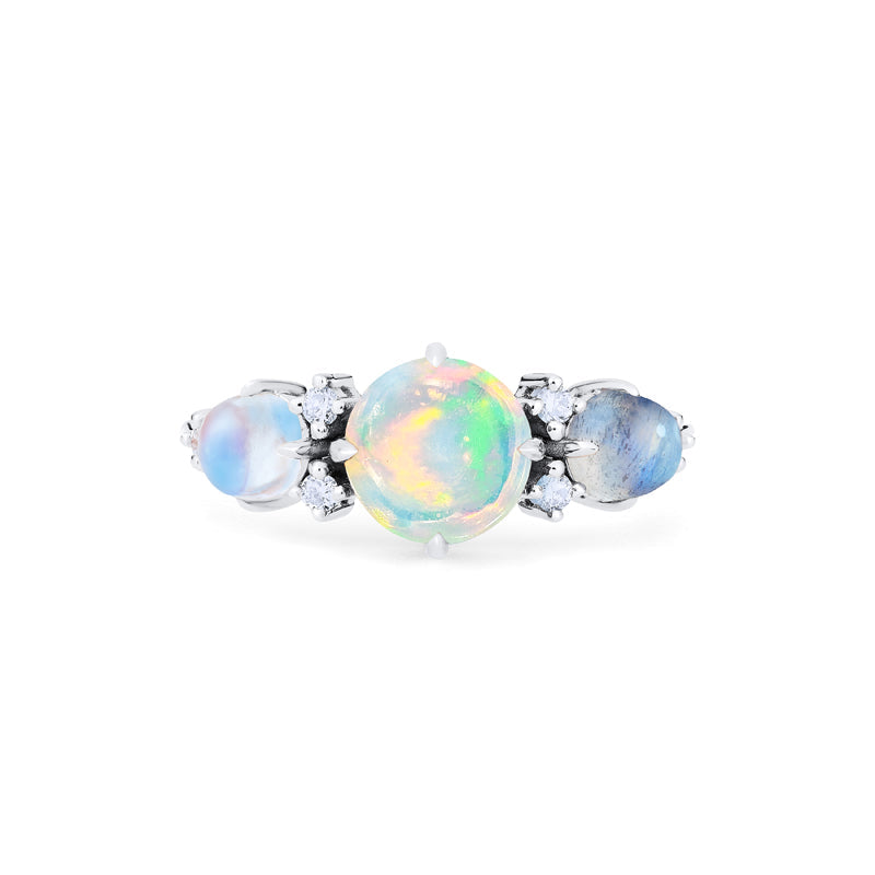 [Celestine] Interstellar Three Stone Ring in Australian Opal, Moonstone, and Labradorite