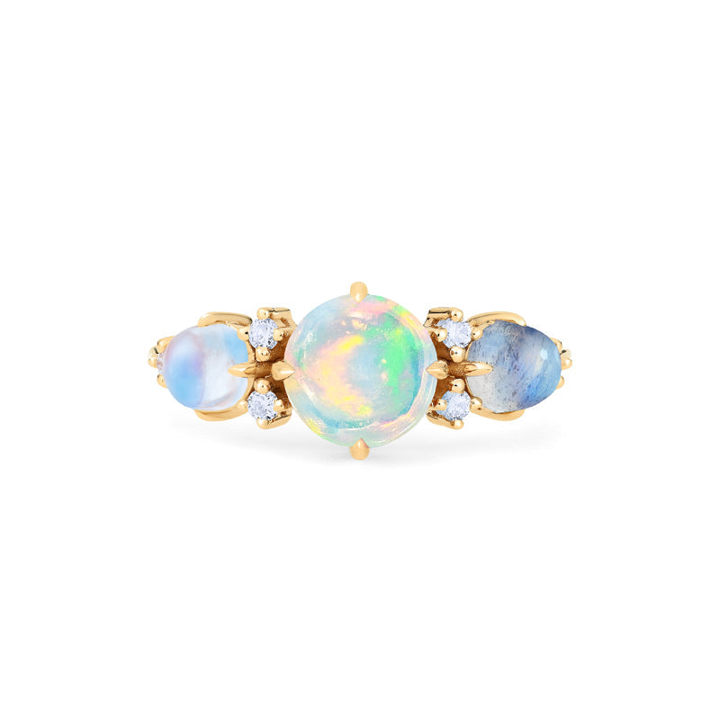 [Celestine] Interstellar Three Stone Ring in Australian Opal, Moonstone, and Labradorite