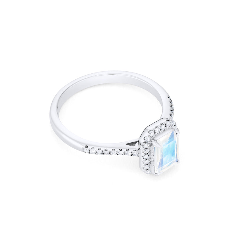 [Kimberly] Emerald Cut Halo Diamond Ring in Moonstone