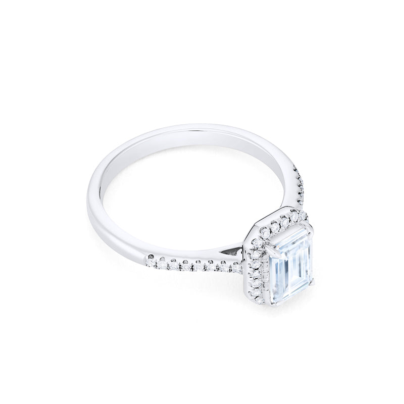 [Kimberly] Halo Diamond Emerald Cut Engagement Ring in Diamond / Moissanite