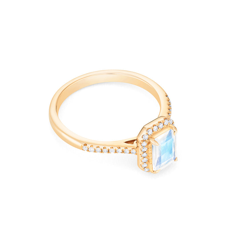 [Kimberly] Emerald Cut Halo Diamond Ring in Moonstone