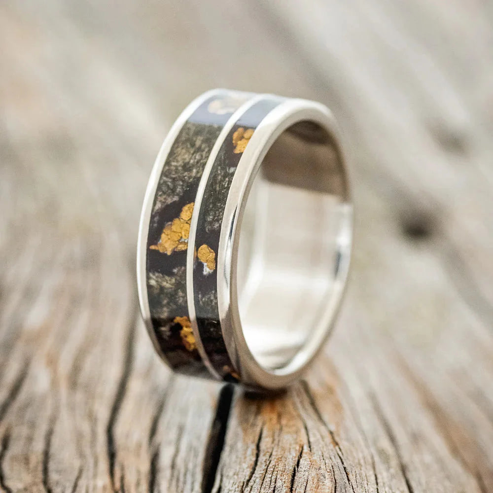 "Raptor" - Buckeye Burl Wood With Gold Nugget Inlays Wedding Ring - Titanium (8mm) - Size 9