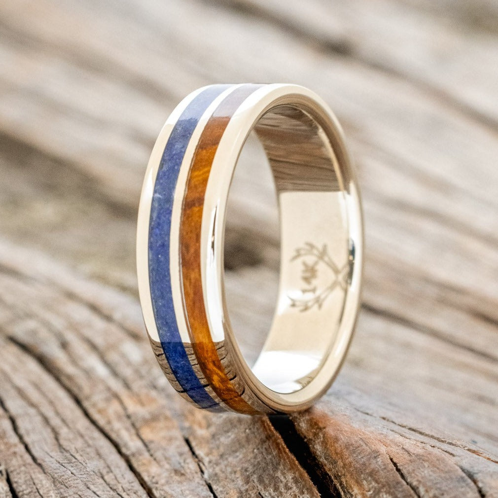 "Raptor" - Lapis & Redwood Wedding Band - 14K White Gold (6mm) - Size 11