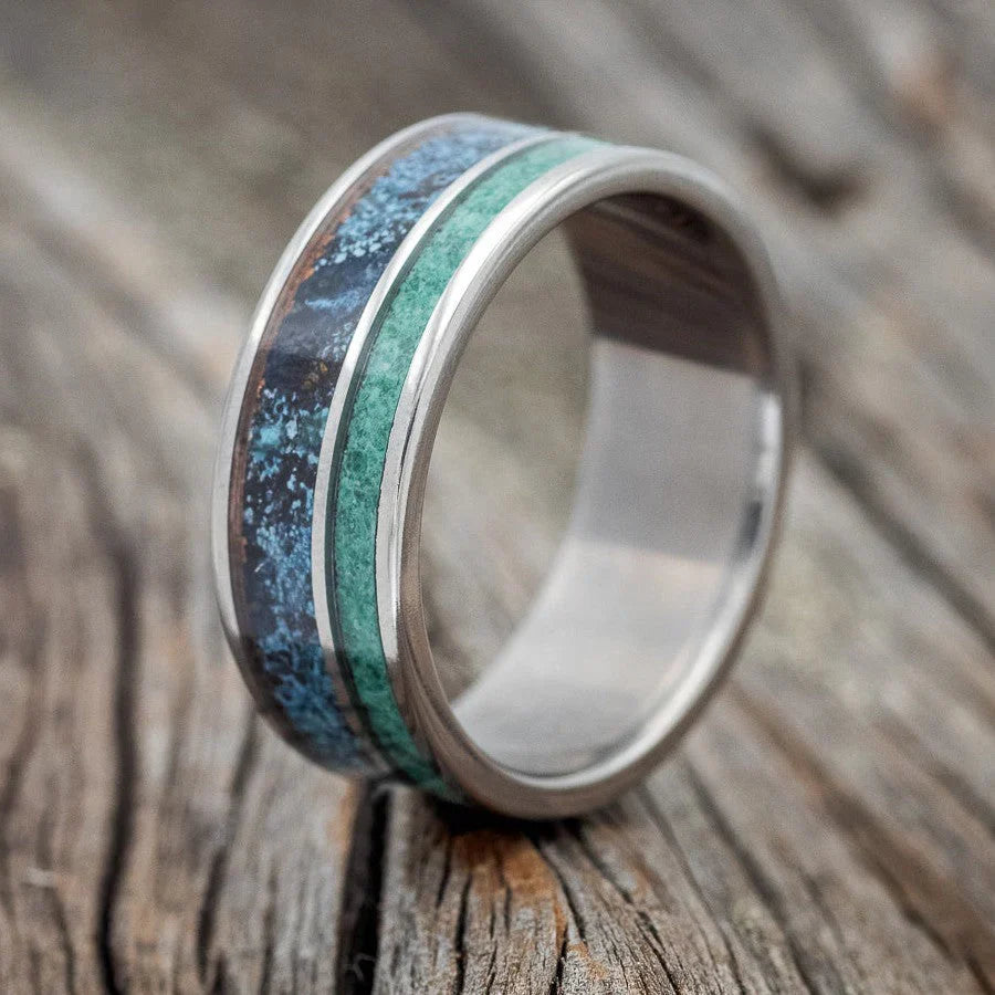 "Raptor" - Patina Copper & Malachite Wedding Band - Titanium (8mm) - Size 7 1/4
