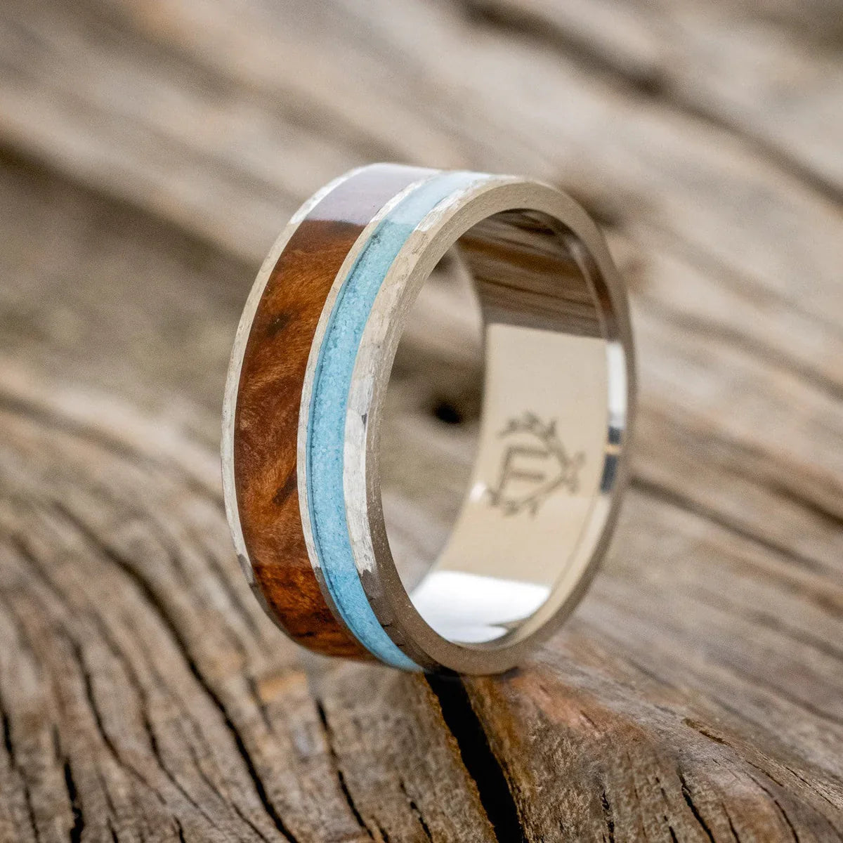 "Raptor" - Redwood & Turquoise Wedding Ring - Titanium (8mm) - Size 8 3/4