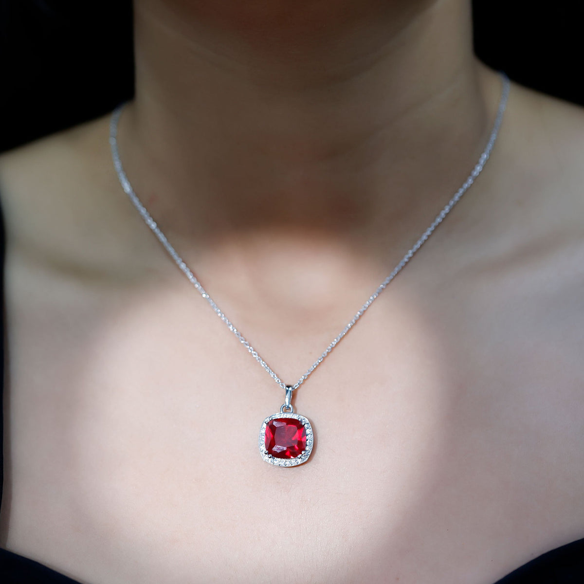 4 Carat Cushion Cut Lab Grown Ruby and Moissanite Halo Pendant Necklace