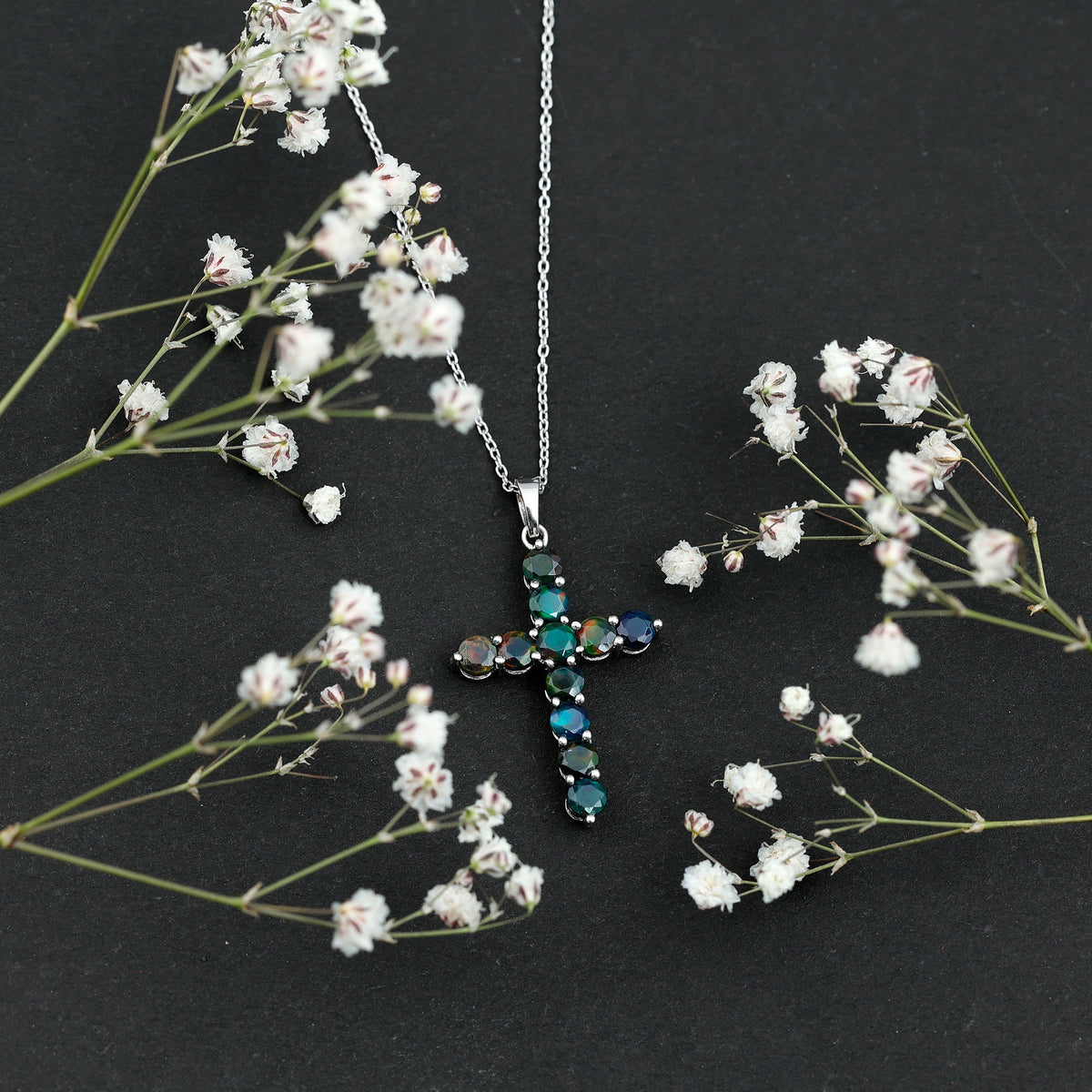 Natural Black Opal Cross Pendant Necklace in Silver
