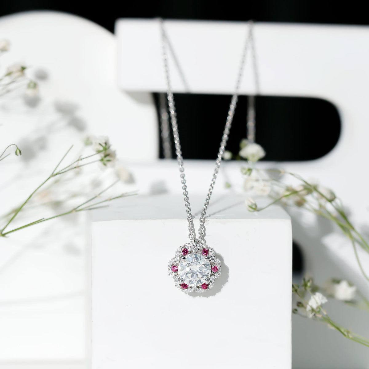 Certified 2 Carat Moissanite Statement Necklace with Lab Ruby
