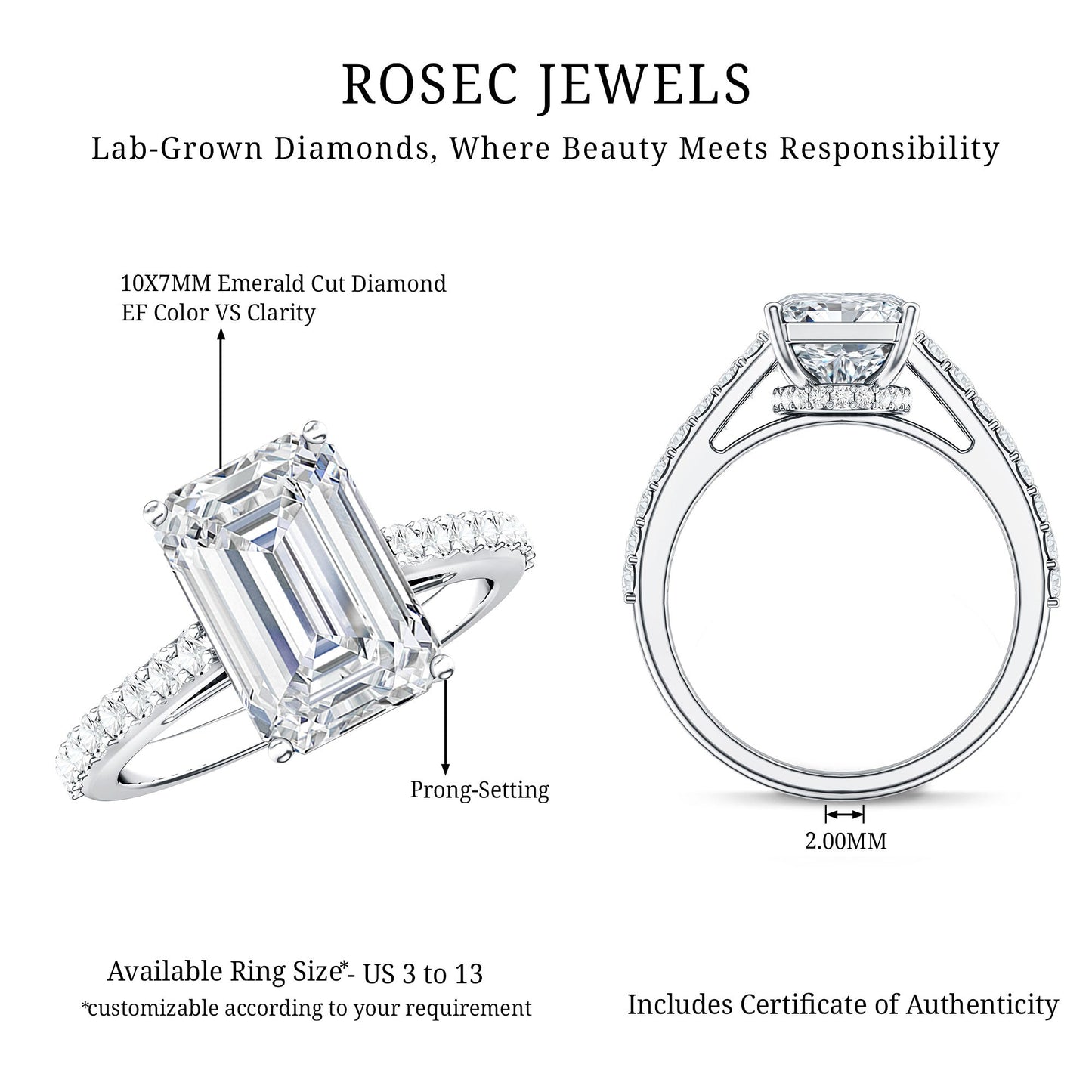 IGI Certified 4 Carat Emerald Cut Lab Grown Diamond Engagement Ring with Hidden Halo