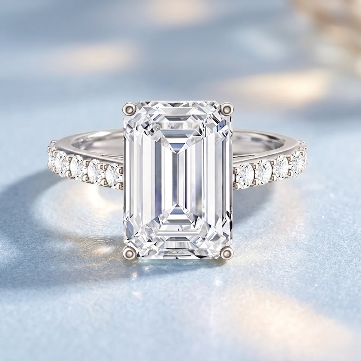 IGI Certified 4 Carat Emerald Cut Lab Grown Diamond Engagement Ring with Hidden Halo