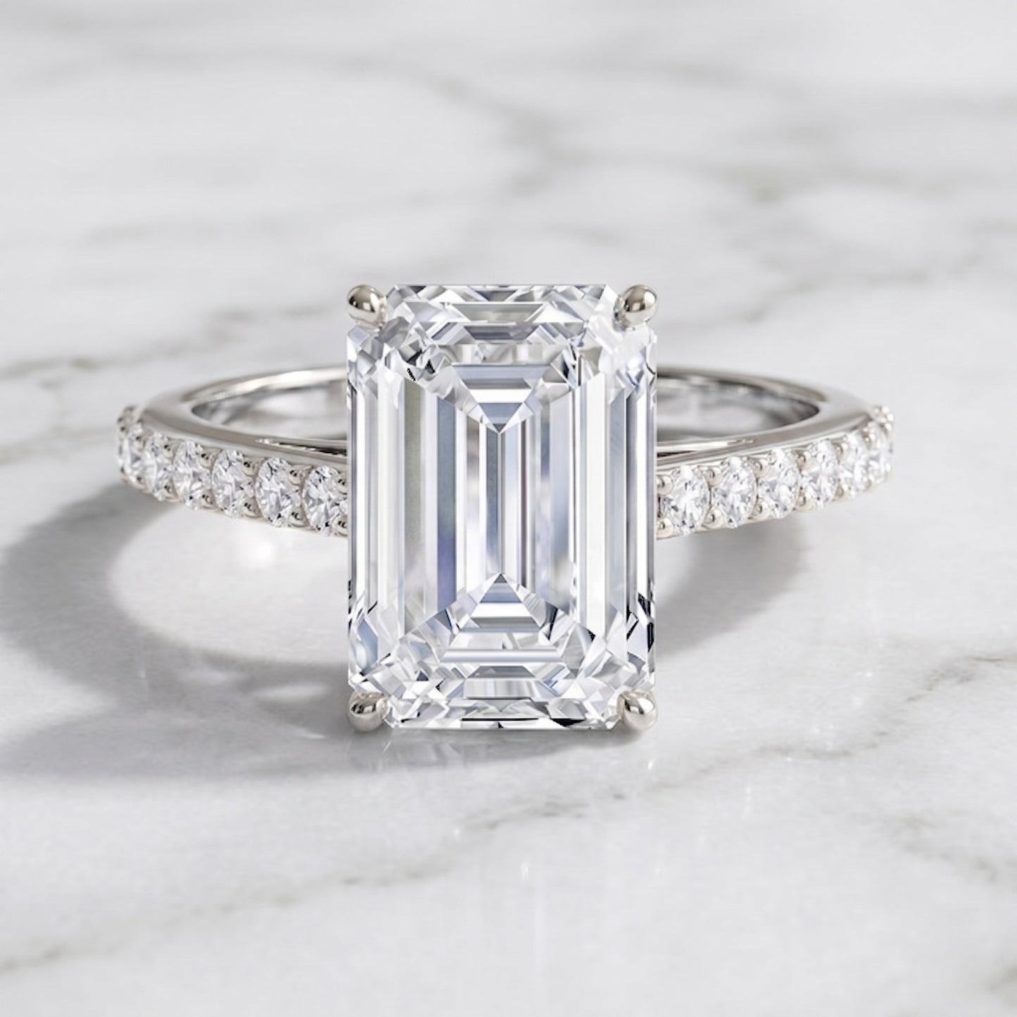 IGI Certified 4 Carat Emerald Cut Lab Grown Diamond Engagement Ring with Hidden Halo