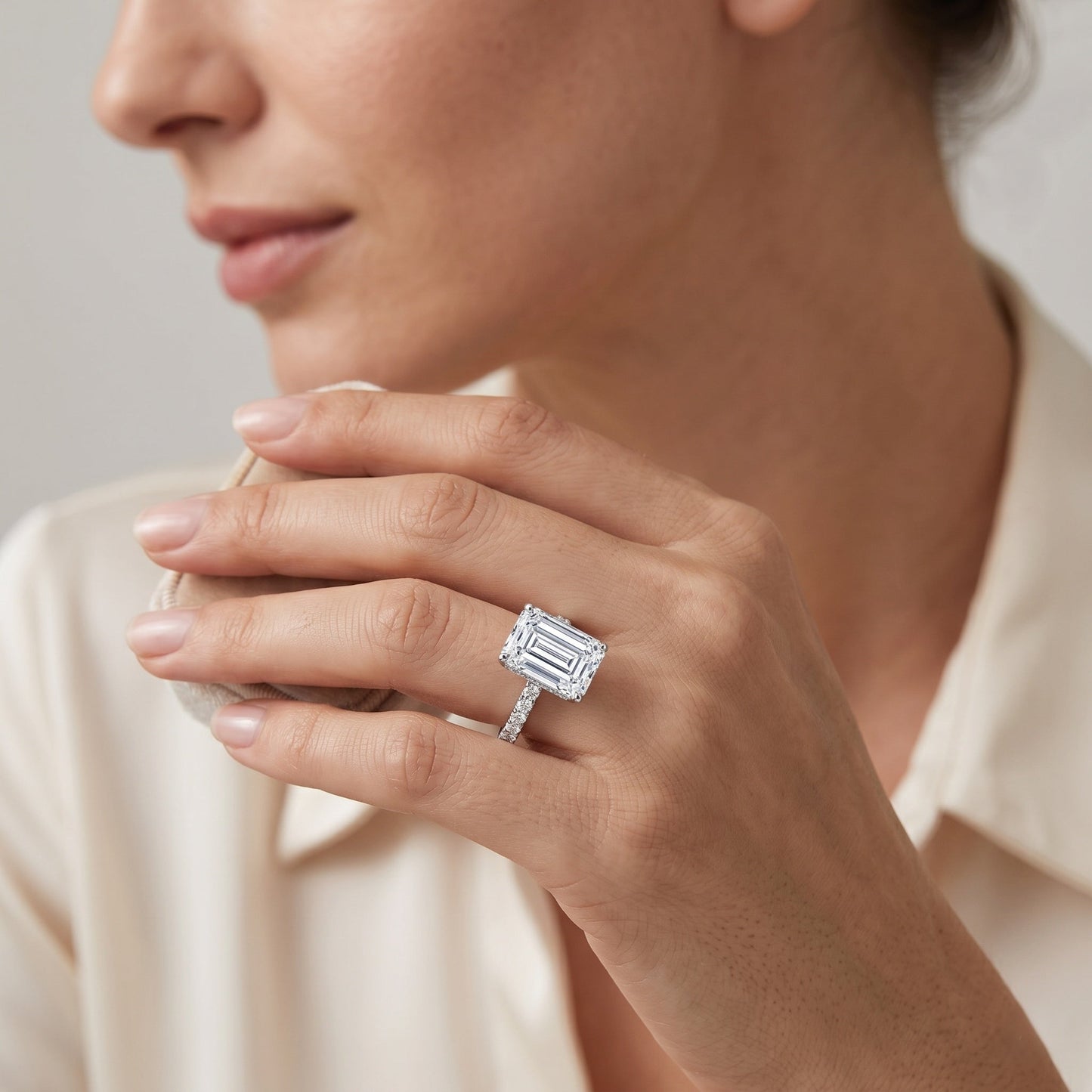 IGI Certified 4 Carat Emerald Cut Lab Grown Diamond Engagement Ring with Hidden Halo
