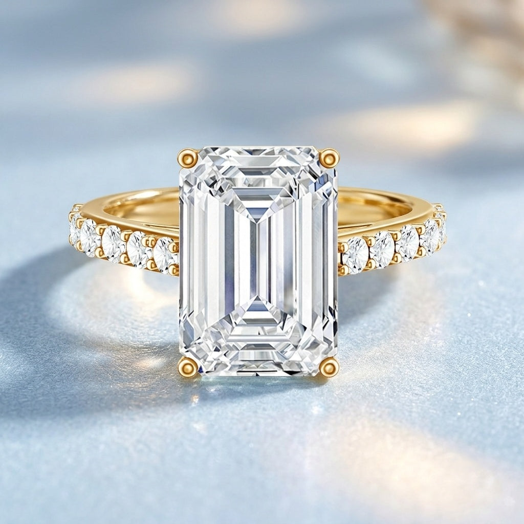 IGI Certified 4 Carat Emerald Cut Lab Grown Diamond Engagement Ring with Hidden Halo
