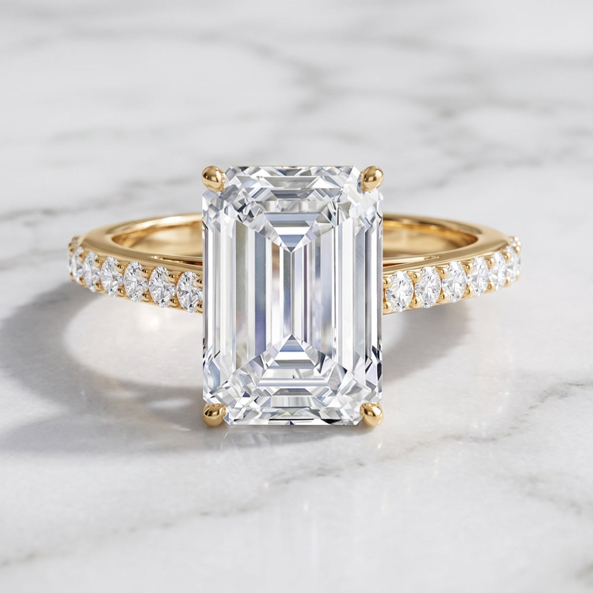 IGI Certified 4 Carat Emerald Cut Lab Grown Diamond Engagement Ring with Hidden Halo