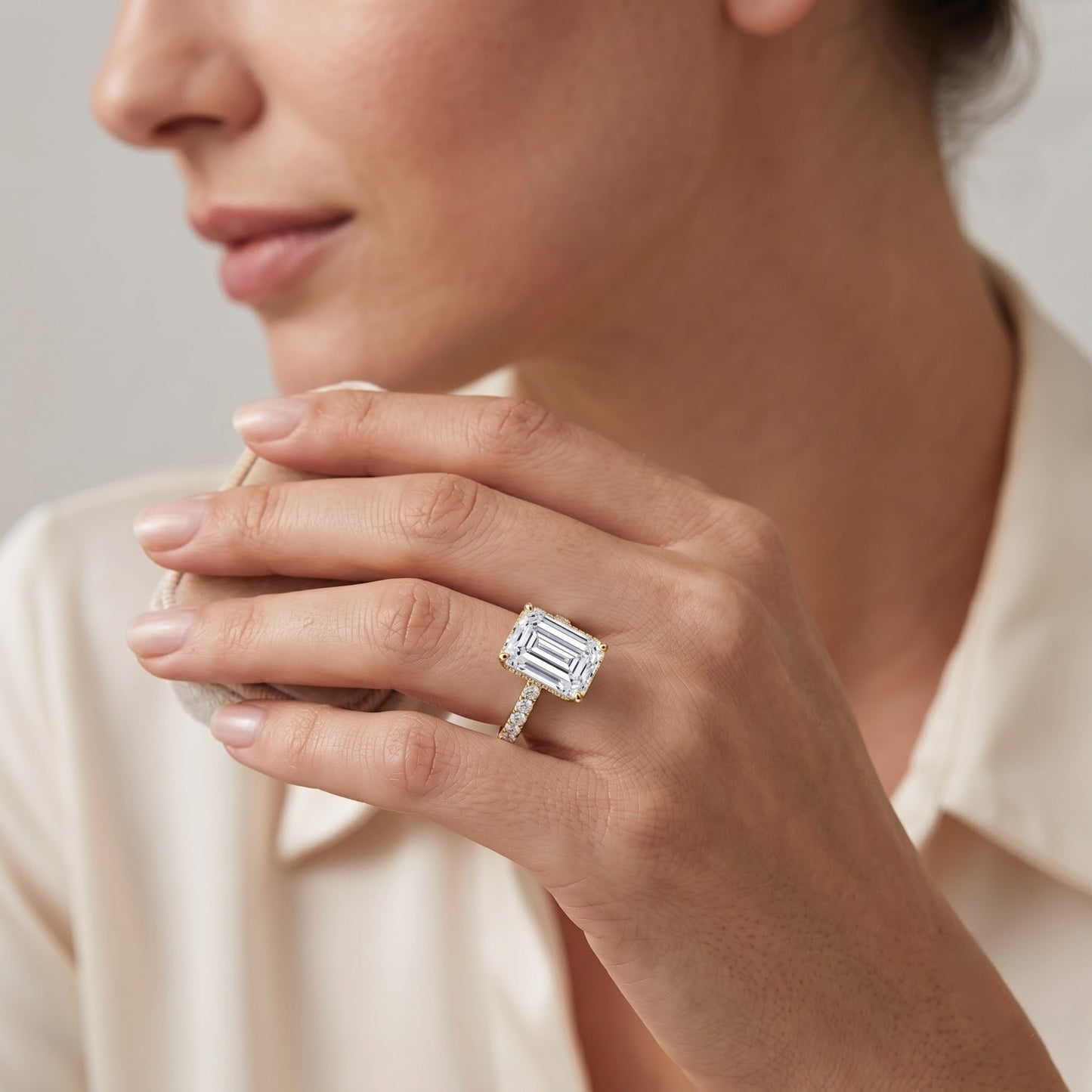 IGI Certified 4 Carat Emerald Cut Lab Grown Diamond Engagement Ring with Hidden Halo