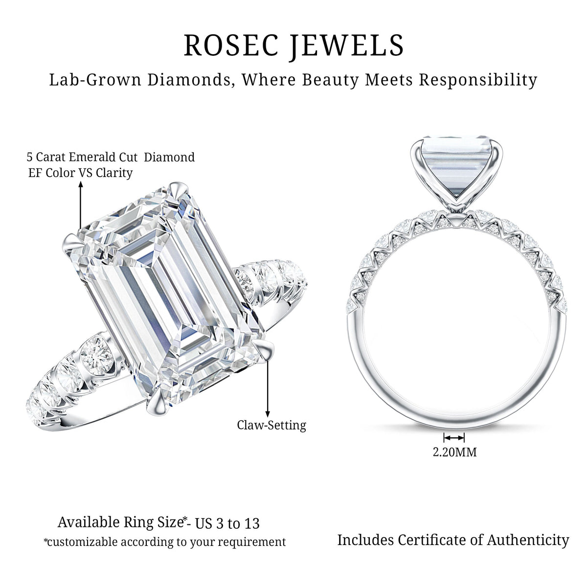 Huge 5 Carat Lab Grown Diamond Emerald Cut Engagement Ring IGI Certificate