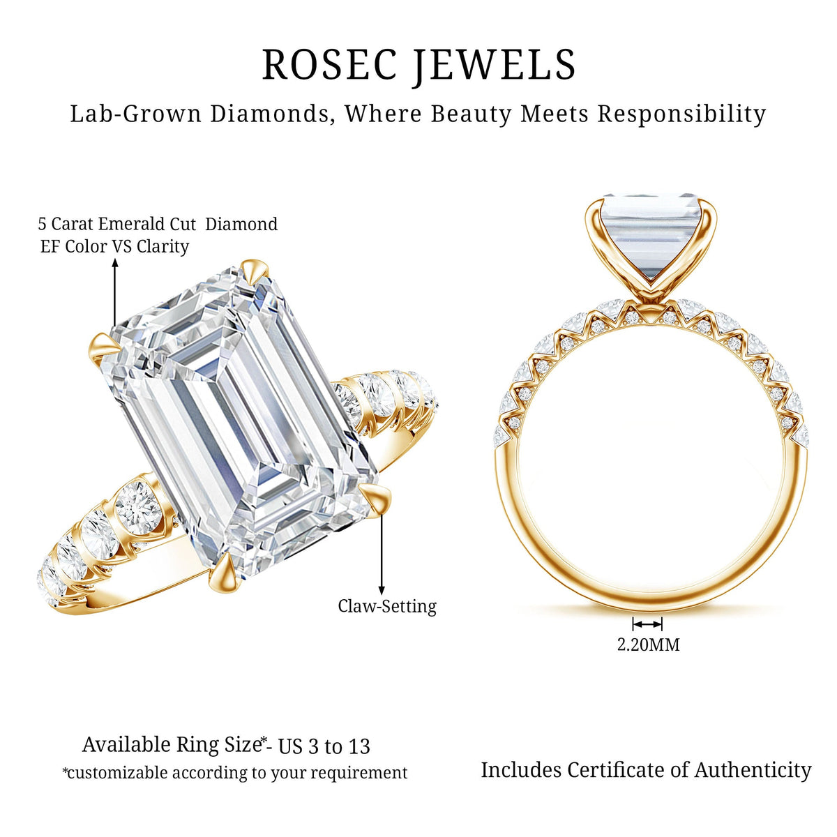 Huge 5 Carat Lab Grown Diamond Emerald Cut Engagement Ring IGI Certificate