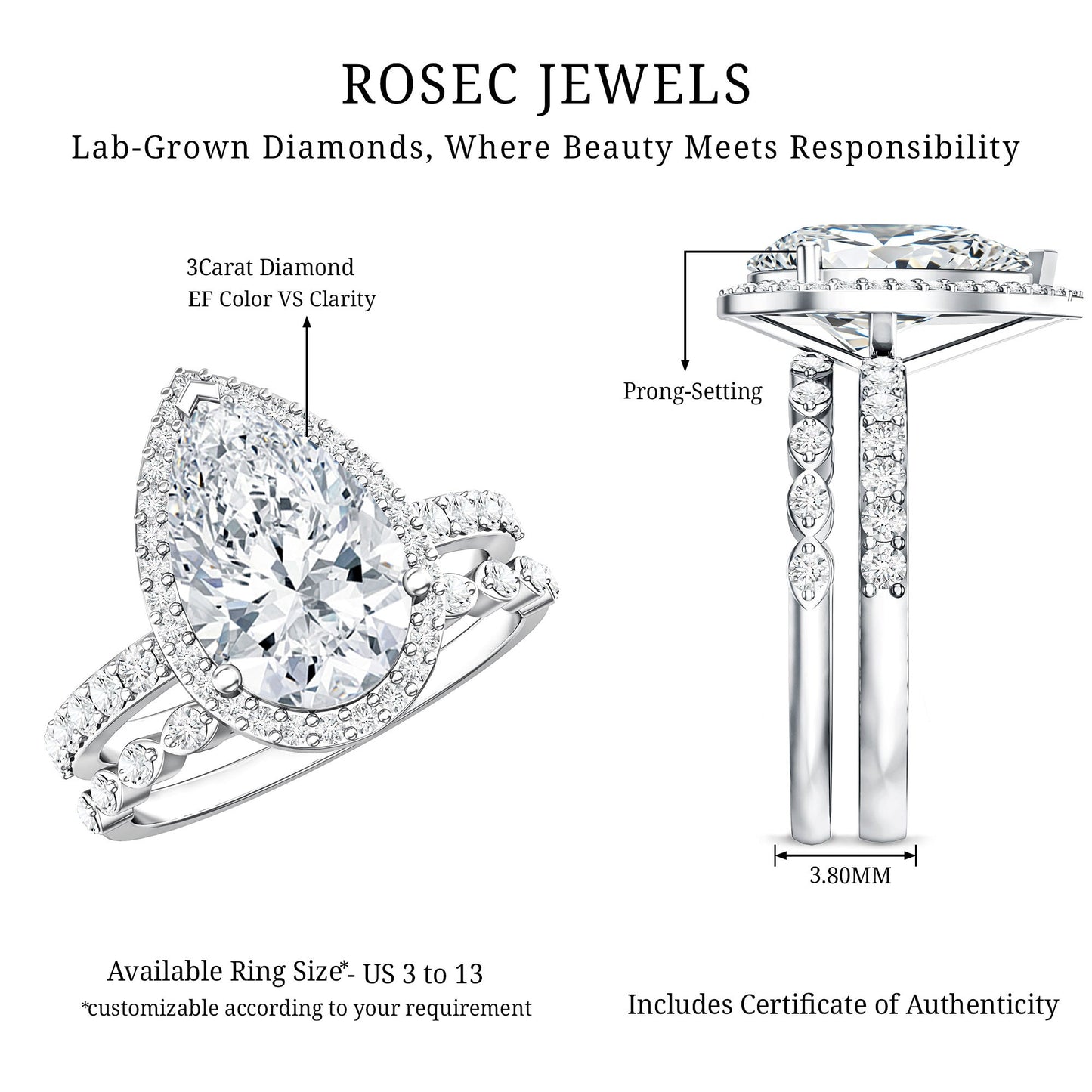 IGI Certified 3 Carat Lab Grown Diamond Teardrop Wedding Ring Set with Halo