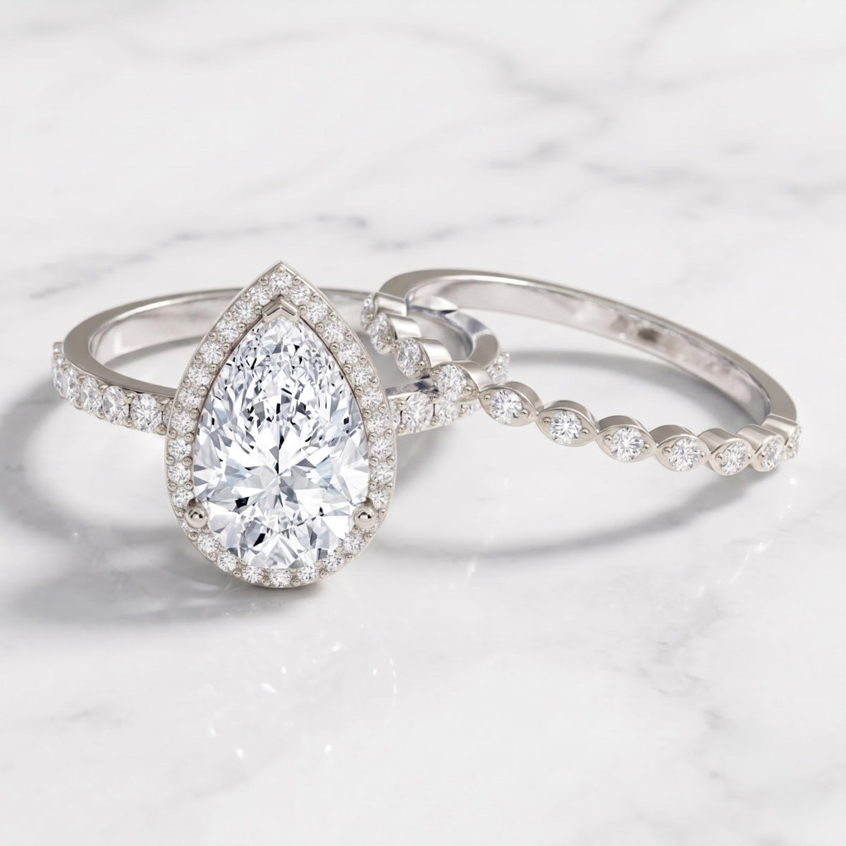 IGI Certified 3 Carat Lab Grown Diamond Teardrop Wedding Ring Set with Halo