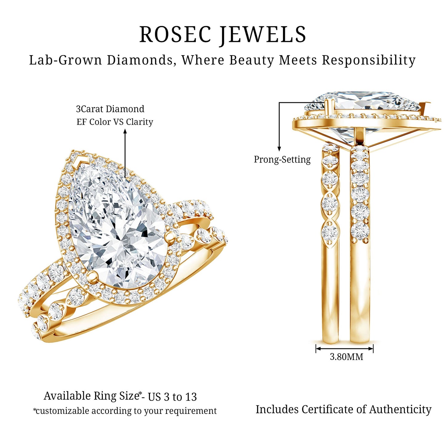 IGI Certified 3 Carat Lab Grown Diamond Teardrop Wedding Ring Set with Halo
